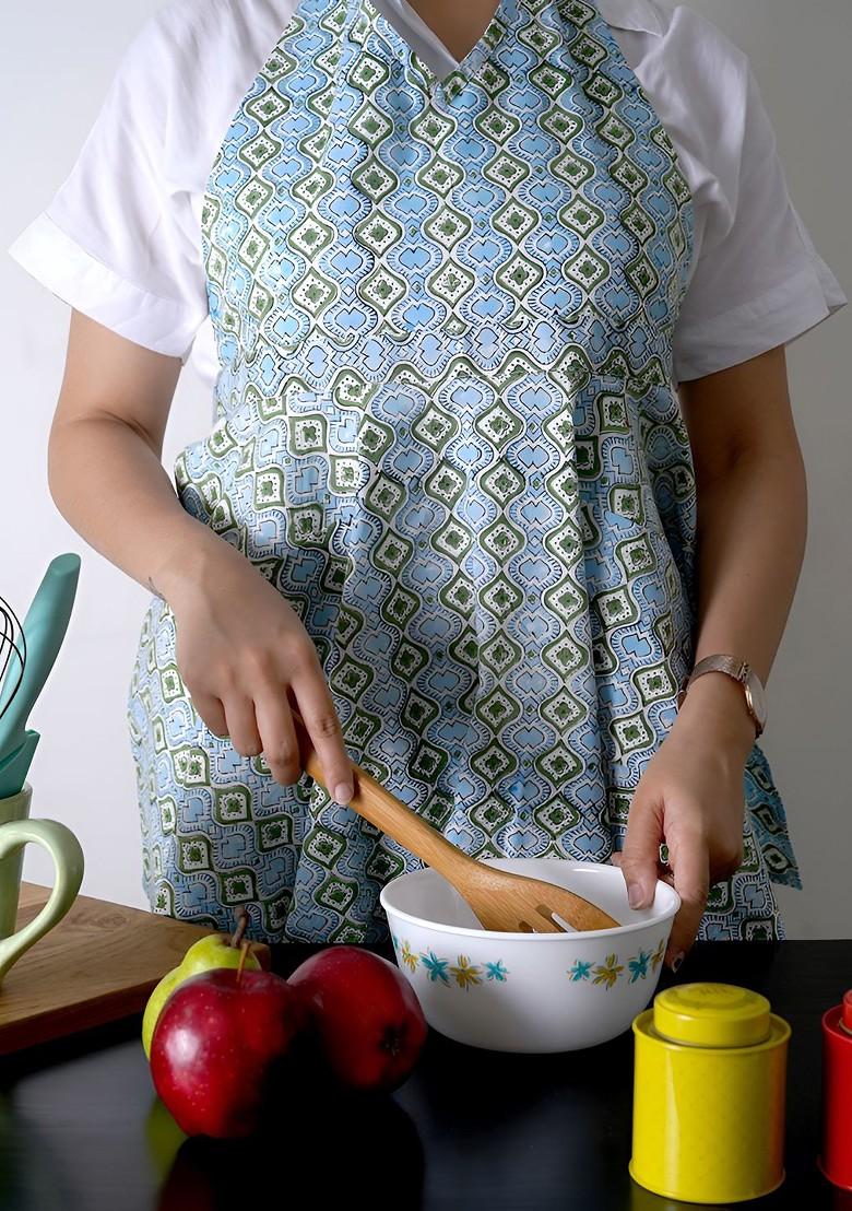 Girls Blue Cotton Geometric Printed Free Size Apron