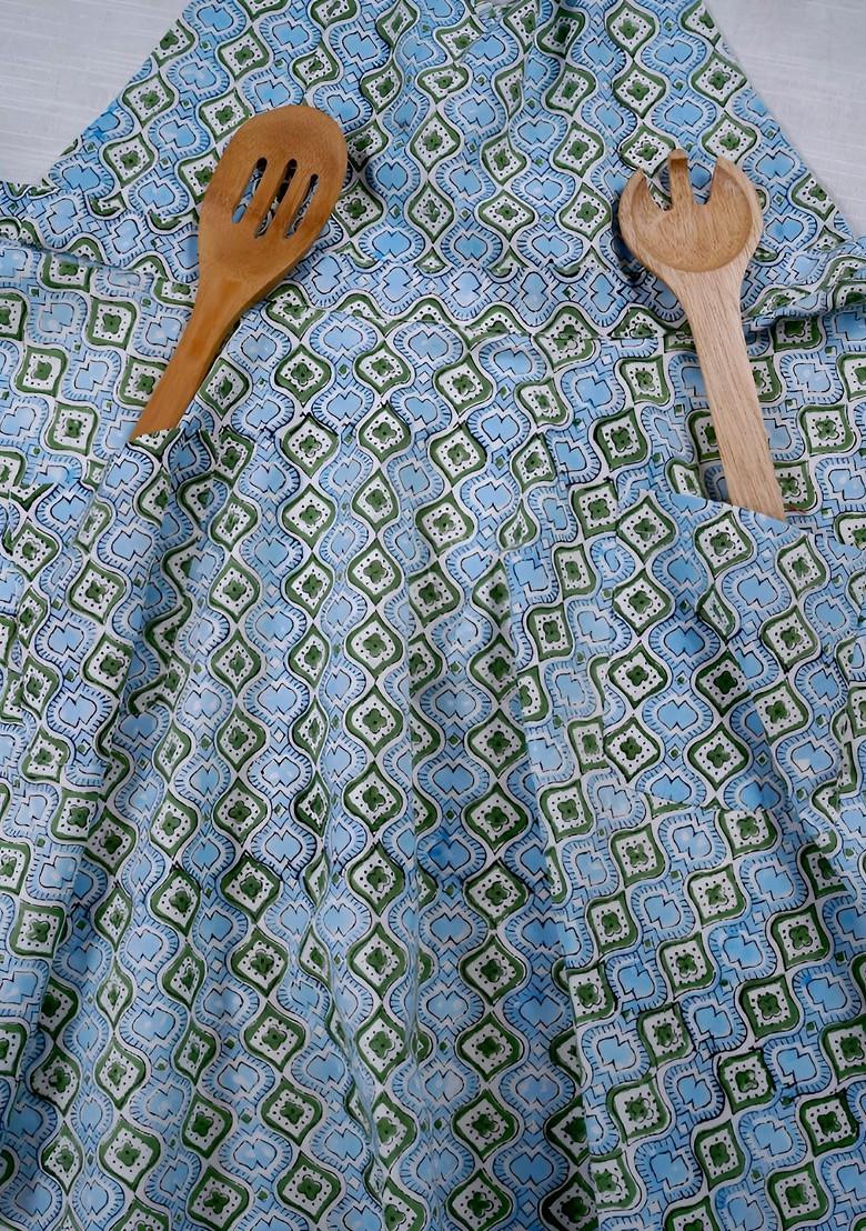 Girls Blue Cotton Geometric Printed Free Size Apron