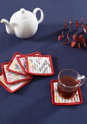 White And Red 6 Pieces Printed Cotton Coasters