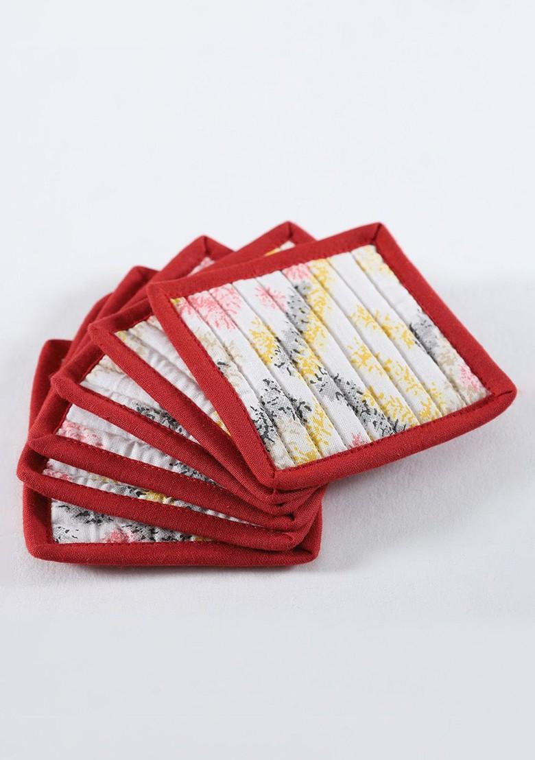 White And Red 6 Pieces Printed Cotton Coasters