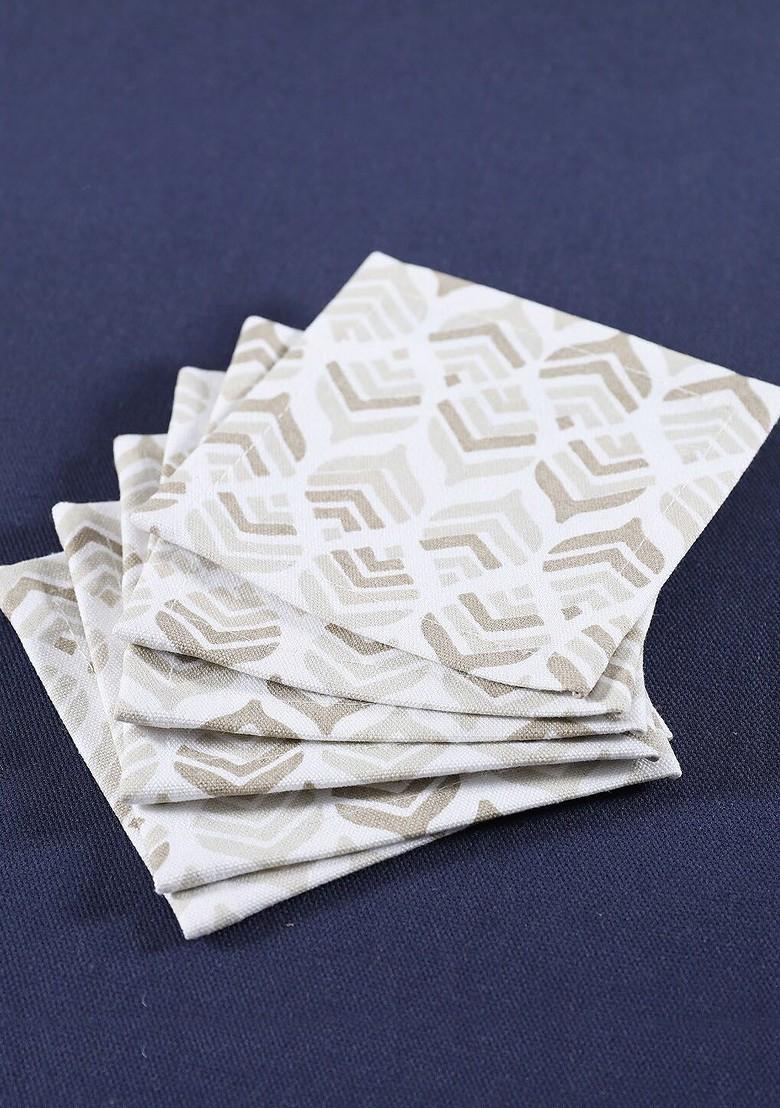 Beige And White 6 Pieces Printed Cotton Coasters