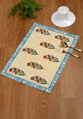 Yellow And Blue 4 Pieces Ethnic Motifs Printed Cotton Table Placemats