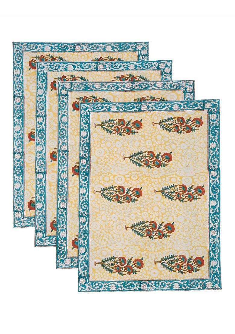 Yellow And Blue 4 Pieces Ethnic Motifs Printed Cotton Table Placemats