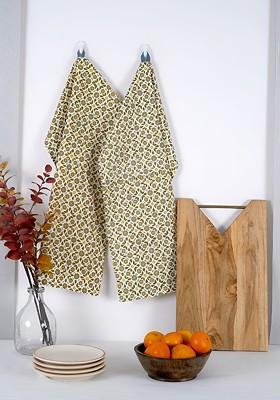 2Pcs Yellow And White Booti Printed Cotton Kitchen Towels