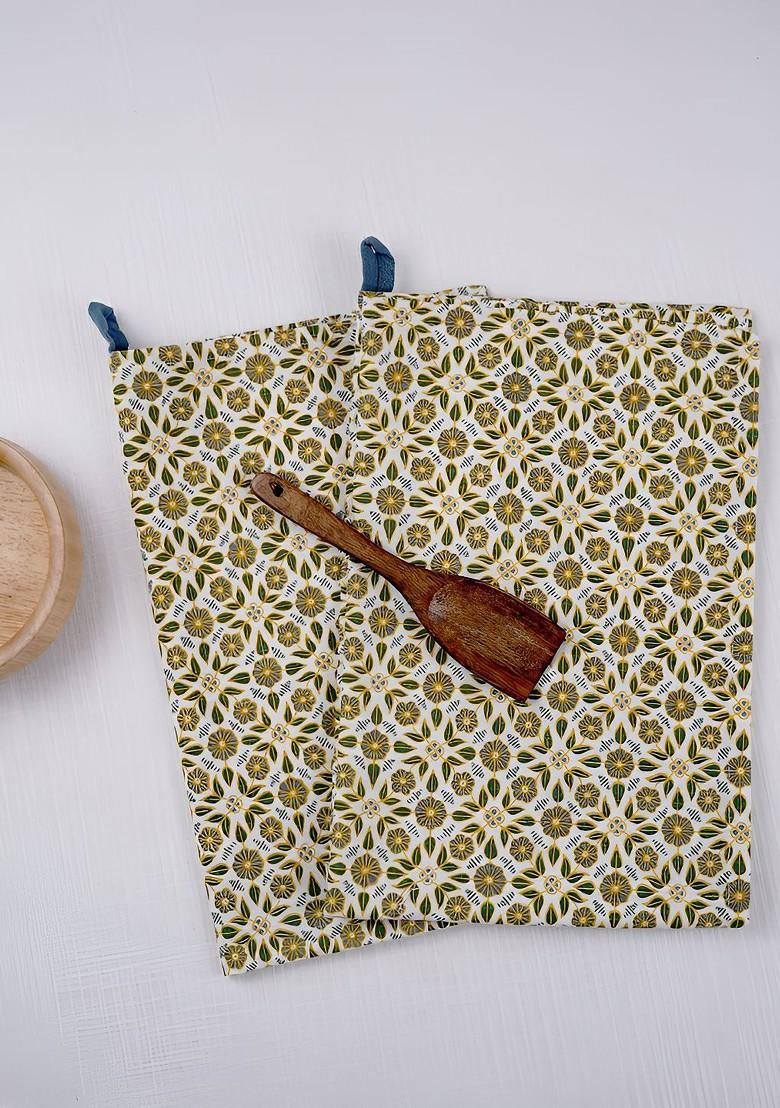 2Pcs Yellow And White Booti Printed Cotton Kitchen Towels