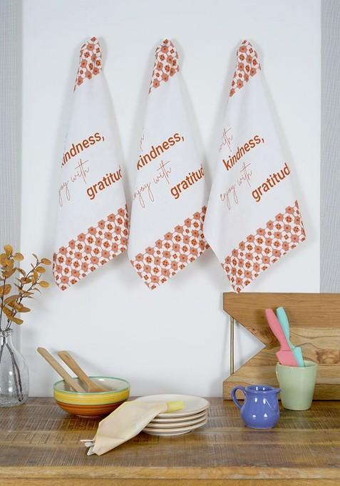 Off White 3 Pieces Printed Cotton Kitchen Towels