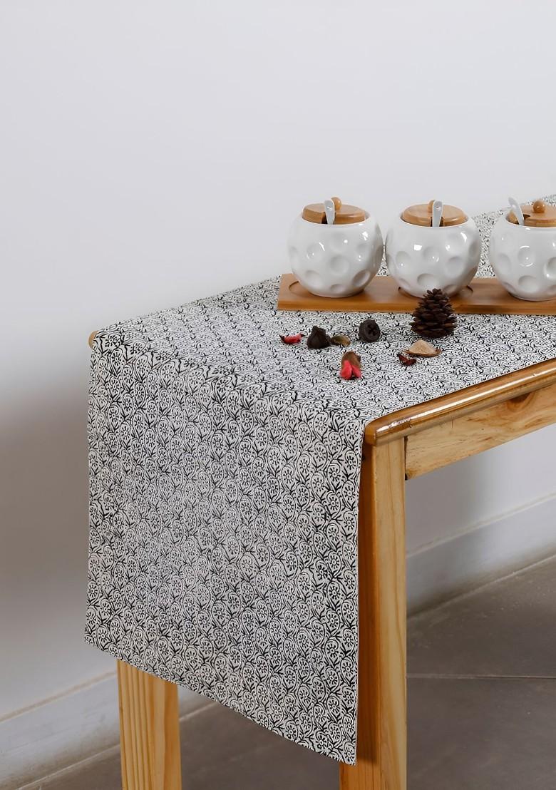 Charcoal And Cream Coloured Floral Printed Table Runner
