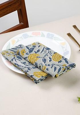 Green And Grey 4 Pieces Floral Printed Cotton Dinner Table Napkins