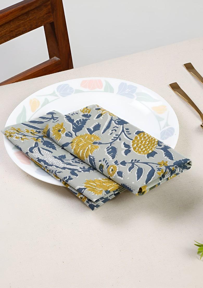 Green And Grey 4 Pieces Floral Printed Cotton Dinner Table Napkins
