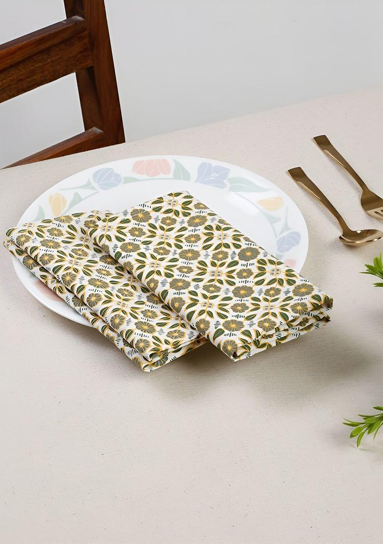 White And Yellow 4 Pieces Floral Printed Cotton Dinner Table Napkins