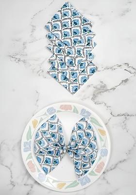 White And Blue 6 Pieces Floral Printed Pure Cotton Table Napkins