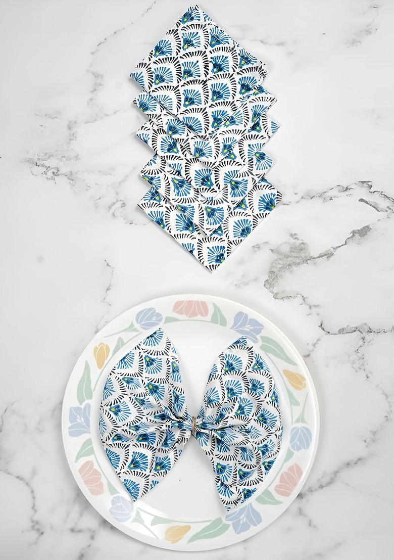 White And Blue 6 Pieces Floral Printed Pure Cotton Table Napkins