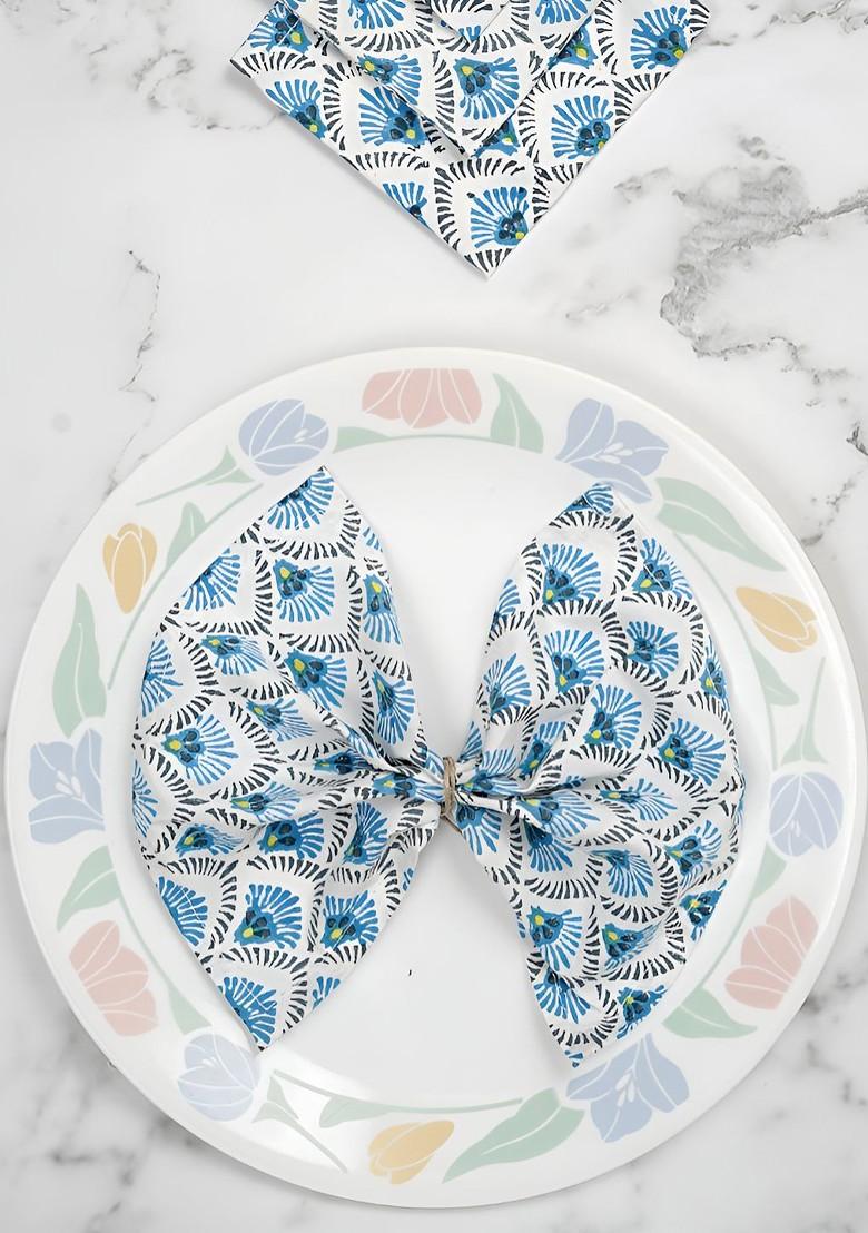 White And Blue 6 Pieces Floral Printed Pure Cotton Table Napkins