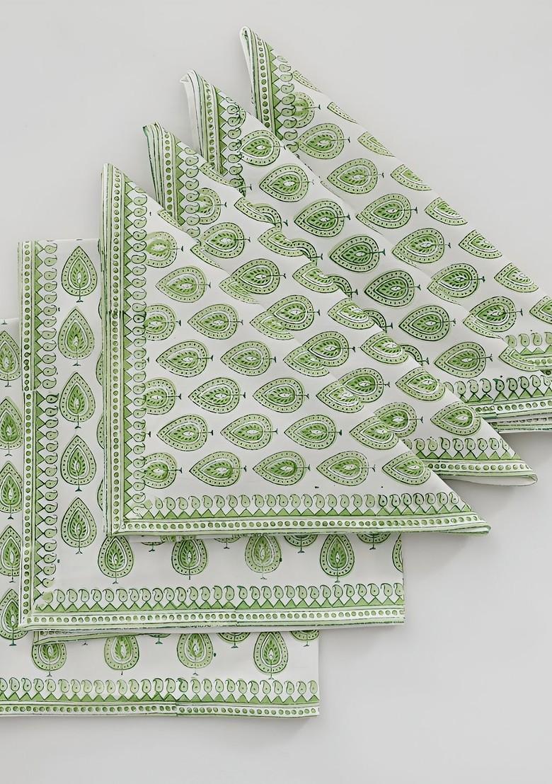 6Pcs Green And White Floral Printed Cotton Table Napkins