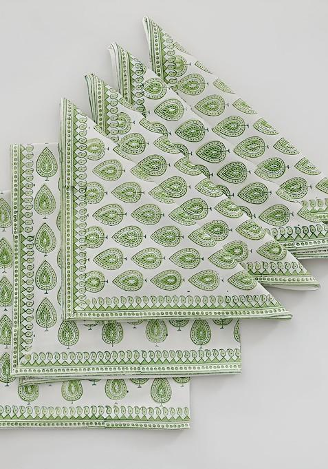 6Pcs Green And White Floral Printed Cotton Table Napkins