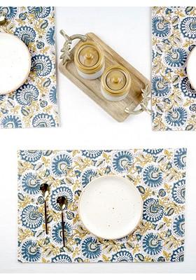 Blue And Yellow 6 Pieces Floral Printed Cotton Rectangle Table Placemats