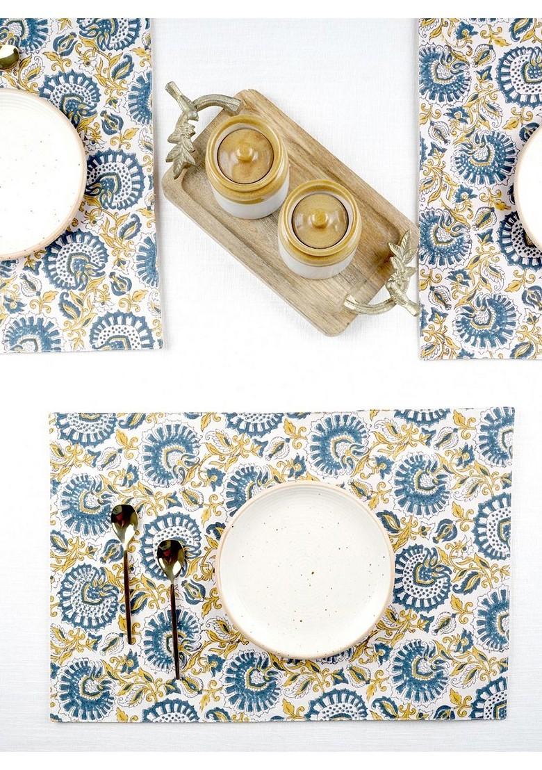 Blue And Yellow 6 Pieces Floral Printed Cotton Rectangle Table Placemats