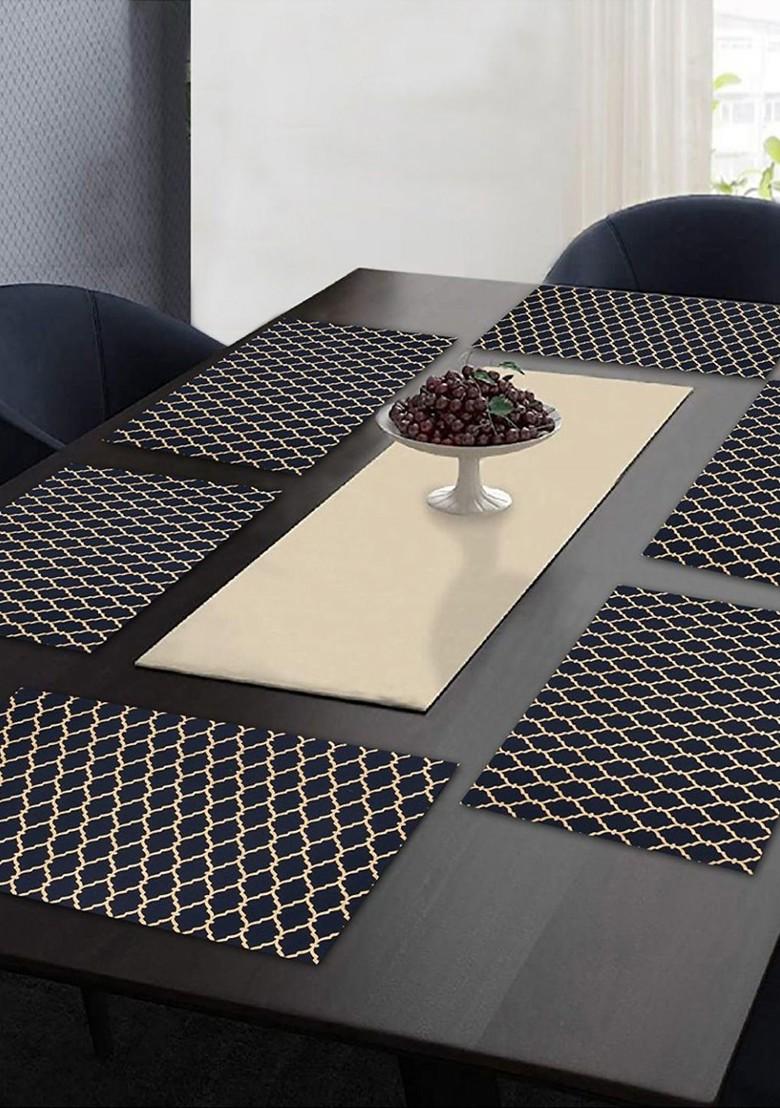 Navy Blue And Beige 6 Pcs Ethnic Motifs Printed Cotton Rectangle Table Placemats