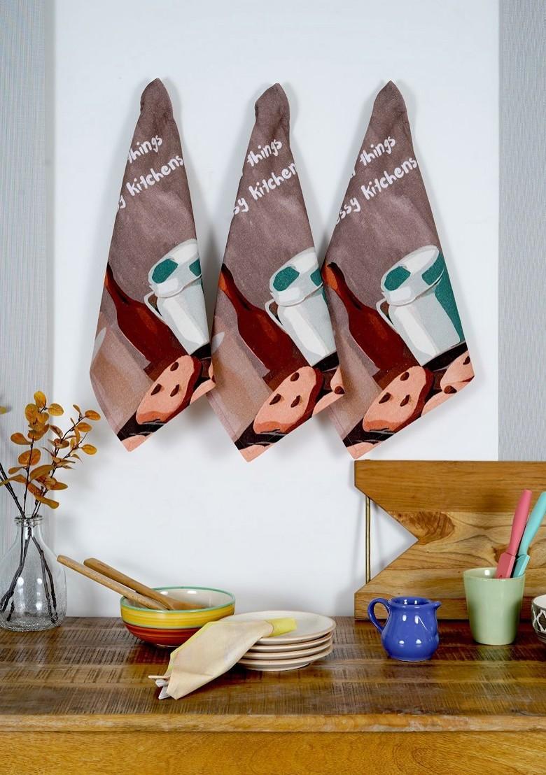 3Pcs Brown And White Printed Kitchentowel