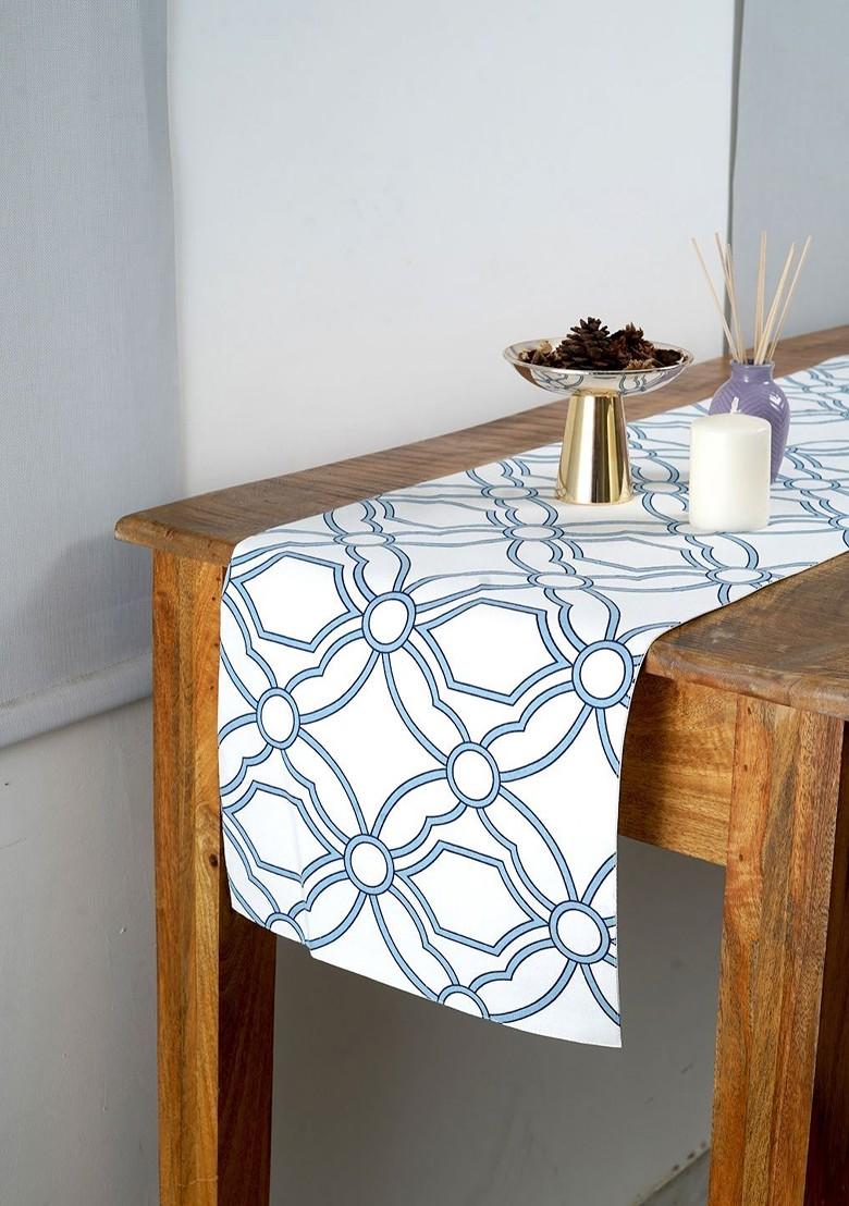 Blue And White Geometric Printed Table Runner