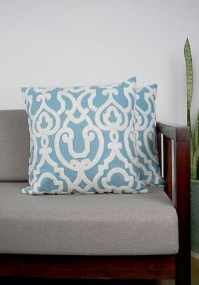 Blue 2 Pieces Ethnic Motifs Embroidered Square Pure Cotton Cushion Covers