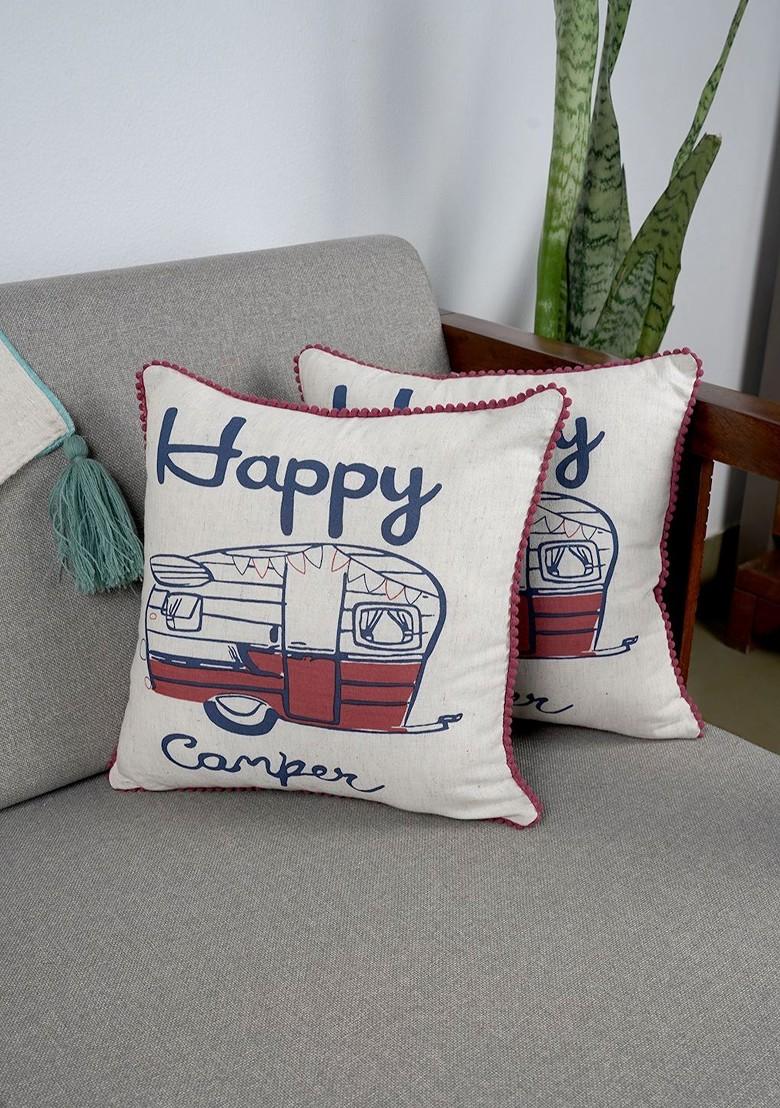 Cream And Blue 2 Pieces Abstract Printed Square Pure Cotton Cushion Covers