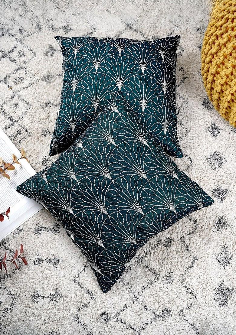 Teal And White 2 Pieces Embroidered Square Cotton Cushion Covers
