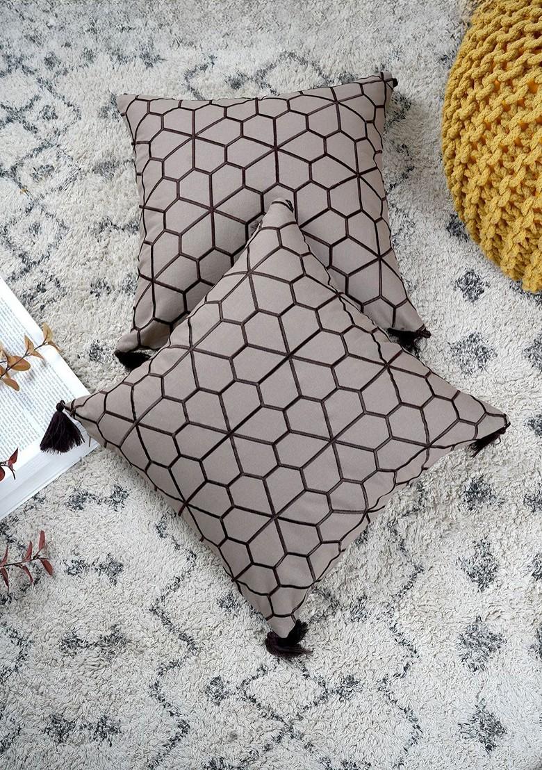 Brown 2 Pieces Geometric Embroidered Square Pure Cotton Cushion Covers
