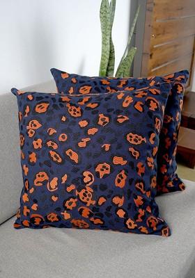 Navy Blue 2 Pieces Abstract Embroidered Pure Cotton Square Cushion Covers
