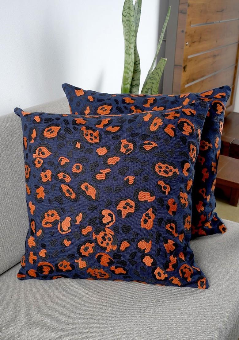 Navy Blue 2 Pieces Abstract Embroidered Pure Cotton Square Cushion Covers