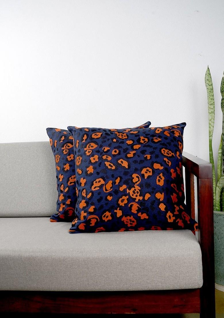 Navy Blue 2 Pieces Abstract Embroidered Pure Cotton Square Cushion Covers