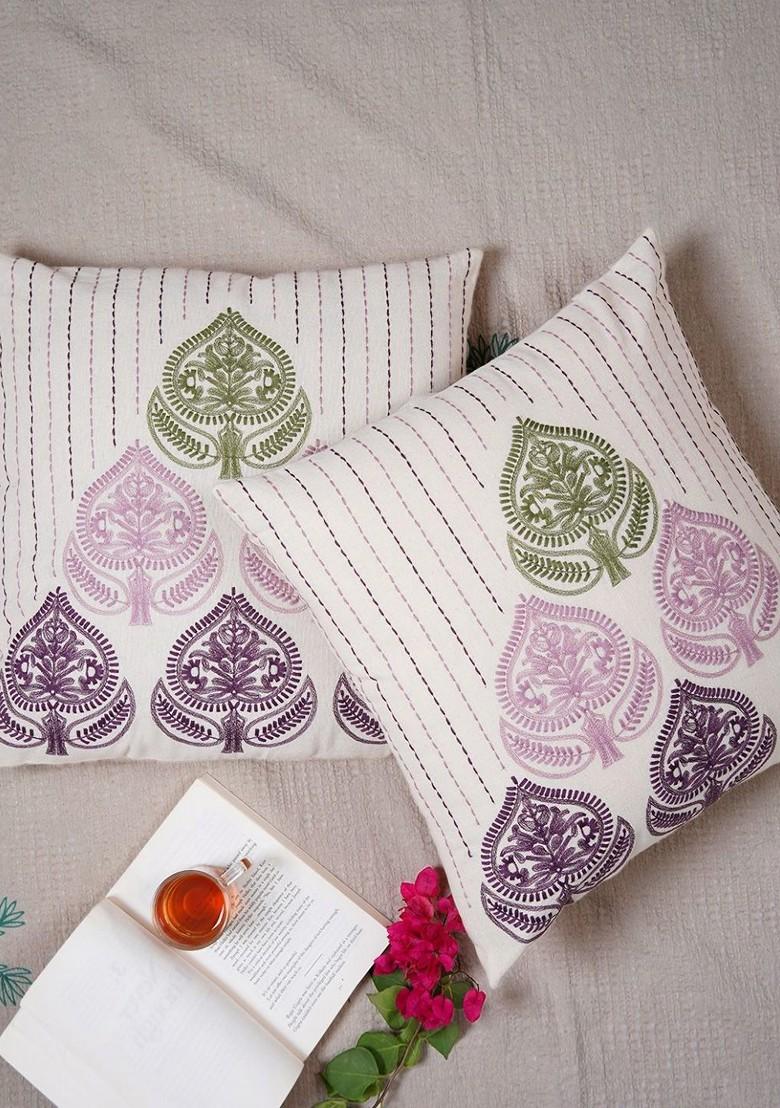 Purple 2 Pieces Ethnic Motifs Embroidered Pure Cotton Square Cushion Cover