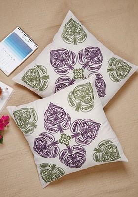 Purple And Green 2 Pieces Ethnic Motifs Pure Cotton Square Cushion Covers