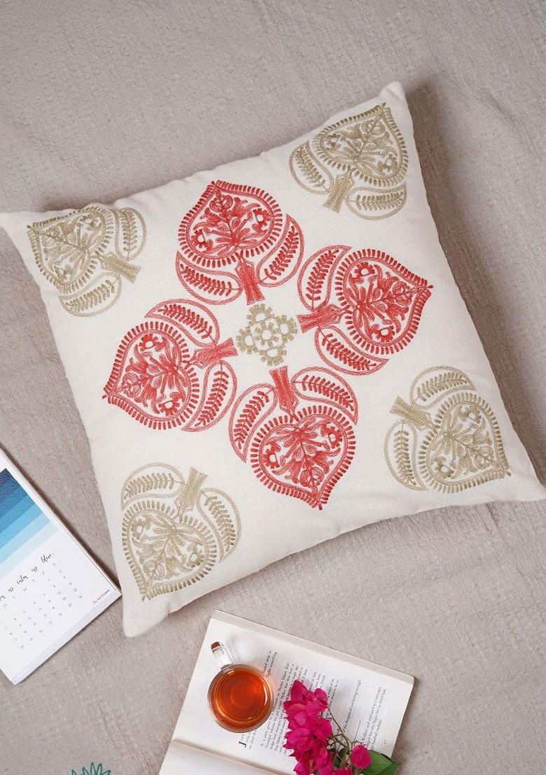 Red And Beige 2 Pieces Ethnic Motifs Pure Cotton Square Cushion Covers