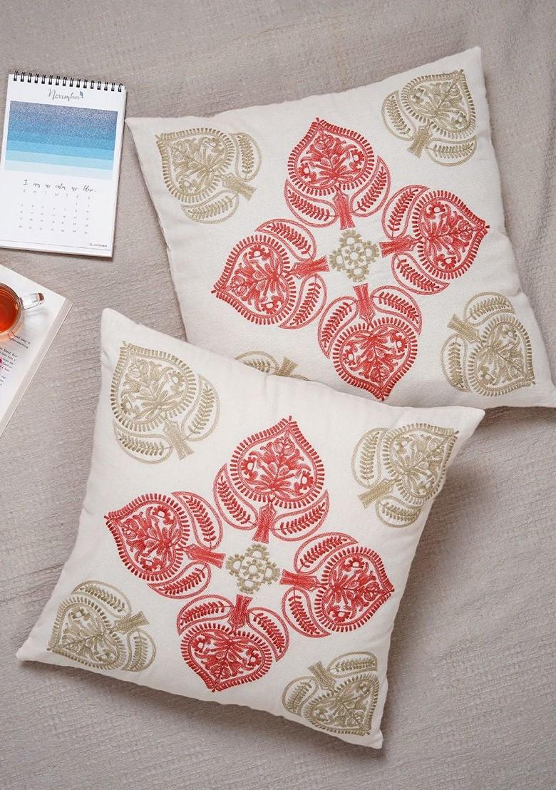 Red And Beige 2 Pieces Ethnic Motifs Pure Cotton Square Cushion Covers