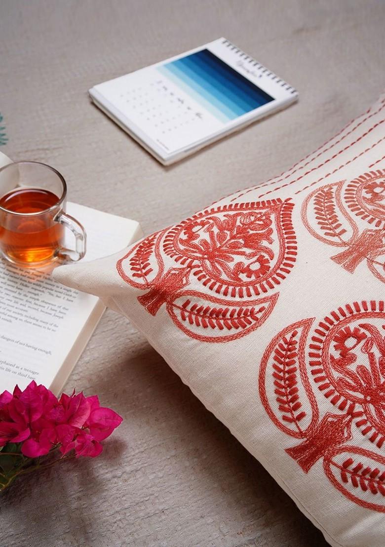 Red And PeachColoured 2 Pieces Ethnic Motifs Pure Cotton Square Cushion Covers