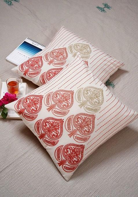 Red And PeachColoured 2 Pieces Ethnic Motifs Pure Cotton Square Cushion Covers