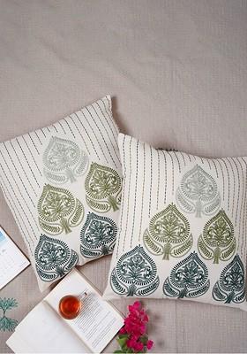 Green And White 2 Pieces Ethnic Motifs Square Cushion Covers