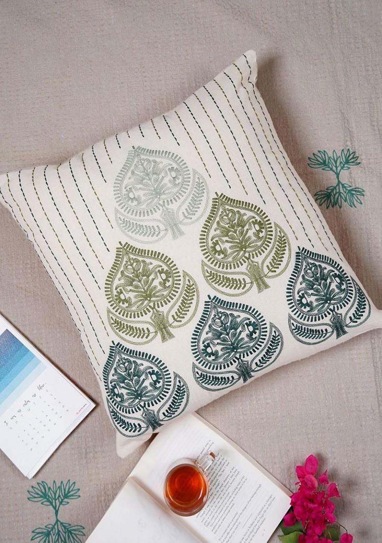 Green And White 2 Pieces Ethnic Motifs Square Cushion Covers