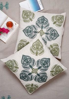 Green 2 Pieces Ethnic Motifs Embroidered Pure Cotton Square Cushion Cover