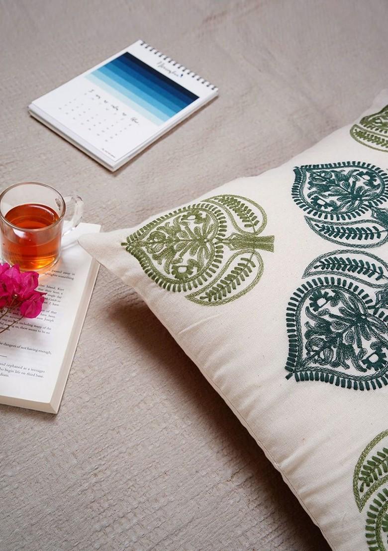 Green 2 Pieces Ethnic Motifs Embroidered Pure Cotton Square Cushion Cover
