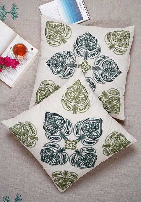 Green 2 Pieces Ethnic Motifs Embroidered Pure Cotton Square Cushion Cover
