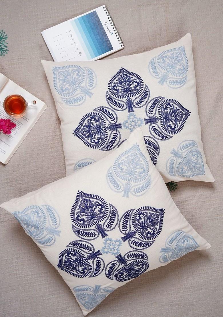 Blue 2 Pieces Ethnic Motifs Embroidered Pure Cotton Square Cushion Cover