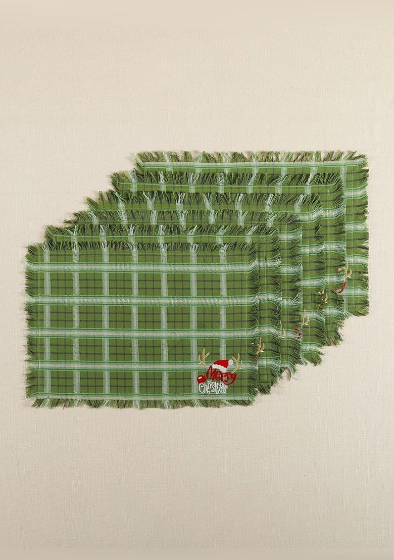 6Pcs Green And White Printed Cotton Table Placemats