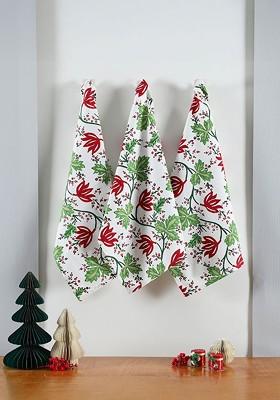 3Pcs White And Red Printed Cotton Kitchen Towels