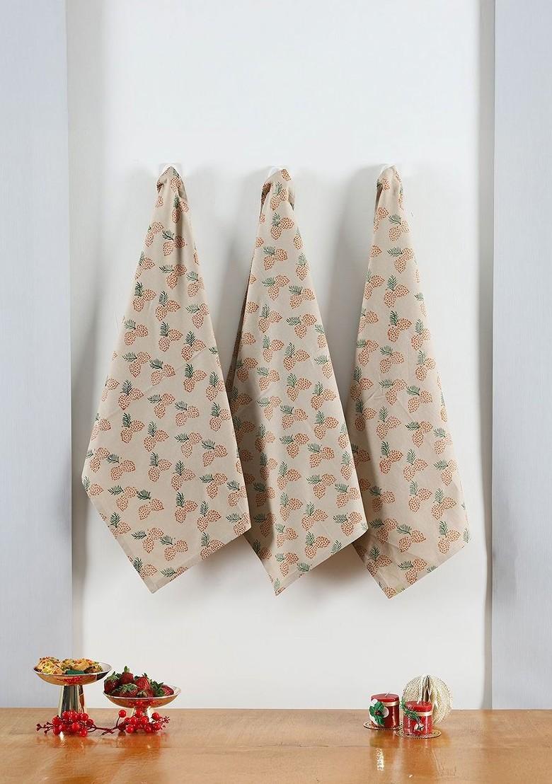 3Pcs Beige And Brown Printed Cotton Kitchen Towels