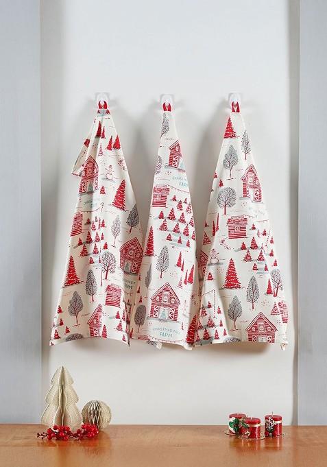 3Pcs White And Red Printed Cotton Kitchen Towels