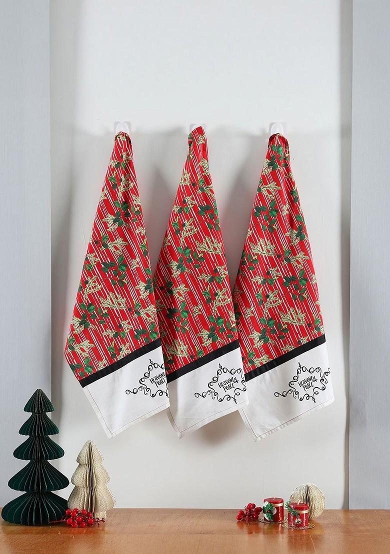 Set Of 3 Red And White Printed Kitchen Towels
