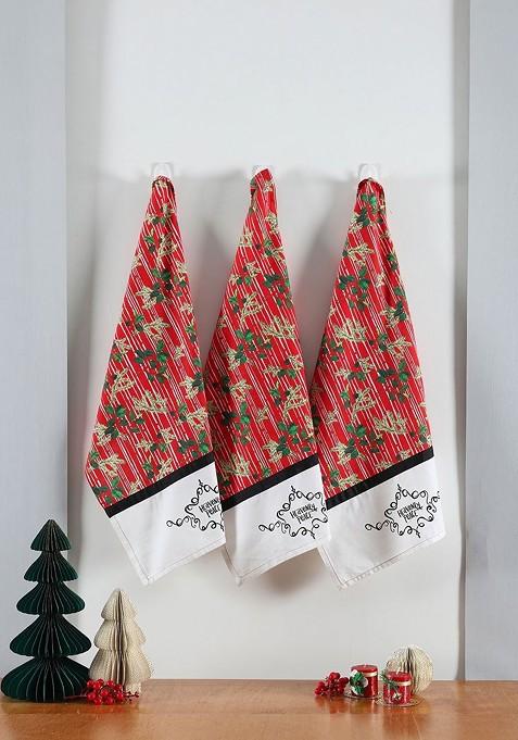 Set Of 3 Red And White Printed Kitchen Towels