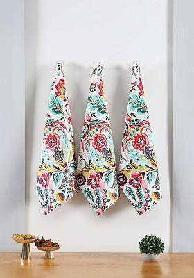 3Pcs White And Pink Printed Cotton Kitchen Towels